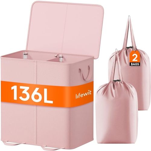 Lifewit Double Laundry Hamper with Lid and Removable Laundry Bags, Large Collapsible 2 Dividers Dirty Clothes Basket with Handles for Bedroom, Laundry Room, Closet, Bathroom, College, Pink