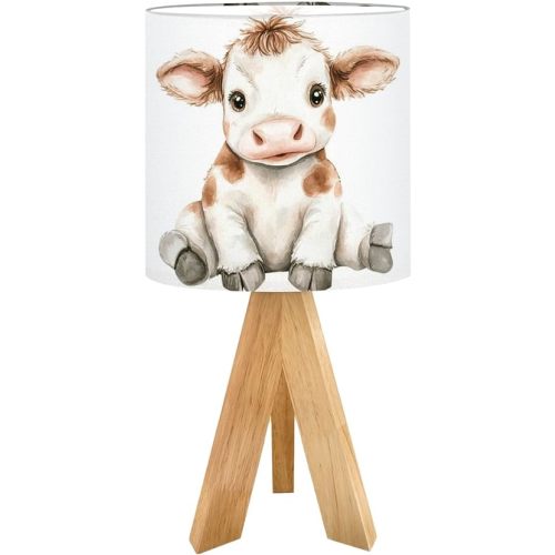 Cute Kids Bedside Desk Table Lamp Watercolor Cow Clipart Children Nightstand Lamp, Tripod Small Night Lights Linen for Nursery Room Bedroom Dorm Decor