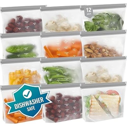 Dishwasher Safe Reusable Storage Bags Stand Up - BPA Free Reusable Sandwich Bags - Leakproof Gallon Freezer Bags, Silicone Food Storage Bags - Grey 12 Sandwich Bags