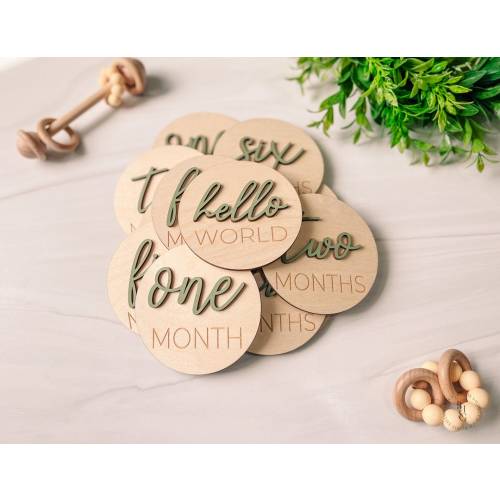 3D Wooden Monthly Milestone Discs With Sage Letters For Baby Photos | Monthly Milestone Marker | Milestone Cards