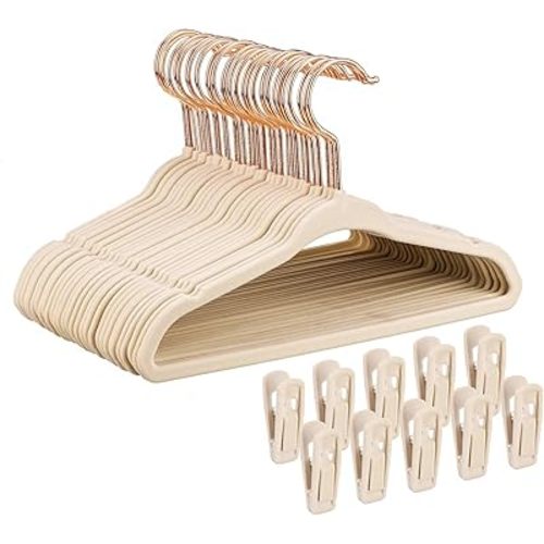Baby Velvet Hangers 30 Pack - 11'' Inch Premium Non Slip Kids Felt Hangers for Clothes - Ultra Thin Baby Felt Hangers for Toddler Kids' Closet with 10 Hanger Clips - Beige