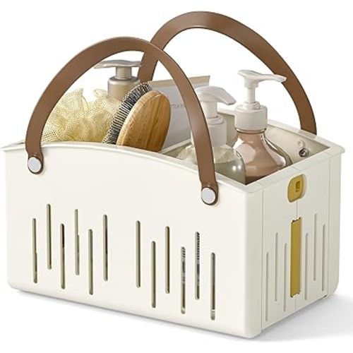 Delamu Portable Shower Basket Caddy with Double Handle Foldable Dry Wet Separation Design 11.0 × 7.1 × 6.5in, Travel, Camping, Gym, College Bathroom Tote, White, Ideal Christmas Gifts for Girls