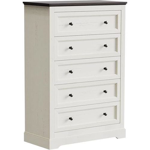 Farmhouse Dresser 5 Drawer, Bedroom Chest of Drawers, Dressers with 5 Drawers, Wooden Dressers for Bedroom, Living Room, Tv Stand, Entryway (Off White-5 Drawers)
