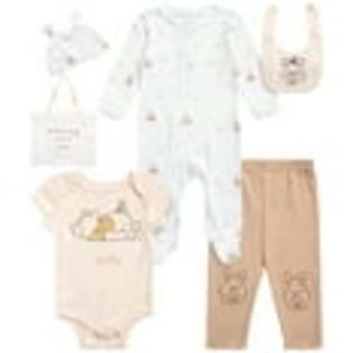 Disney Newborn Baby Layette Set - 6 Piece Disney Bodysuit Coveralls Sweatpants, Hat, Gift Bag (0-6M)