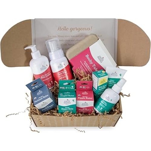 Earth Mama's Mama & Baby Gift Set | Breastfeeding & Postpartum Essentials, Skin Care Gifts for Mom & Newborn, Baby Lotion & Wash, Baby Oil, Sunscreen, Balms, Nipple Butter, Tea and Booby Tubes, 9 pcs