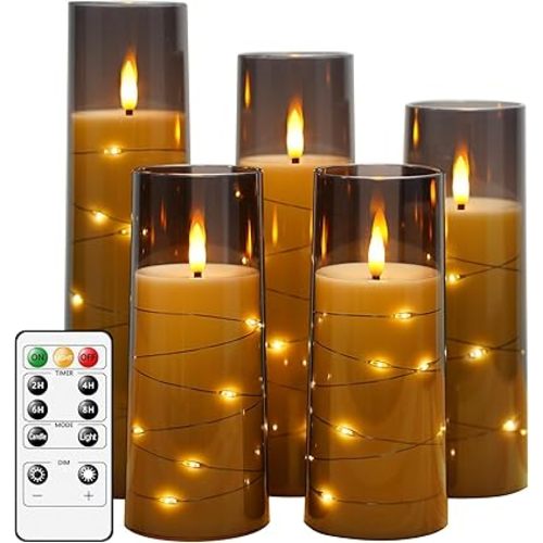 Flameless LED Candles with Timer 5 Pc Flickering Flameless Candles for Romantic Ambiance and Home Decoration Stable Acrylic Shell,with Embedded Star String,Battery Operated Candles(Grey)