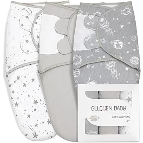 GLLQUEN BABY Organic Newborn Swaddles Sleep Sack, Gray Starry Sky & Astronaut, Swaddle Blankets for Baby Boy, 3 Pack Adjustable Wrap Set, 0-3 Months (Small/Medium)