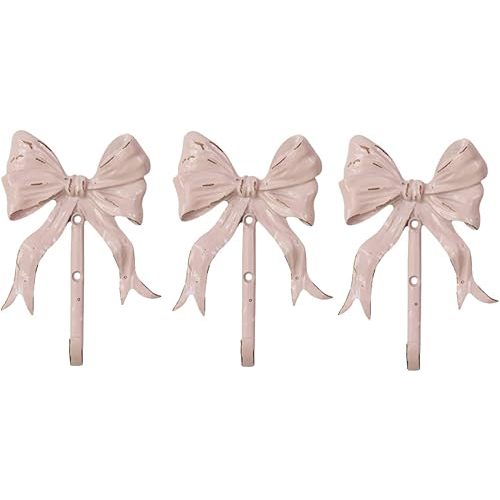Shabby Chic Large Wall Mounted Bow Coat Hook,Decorative Pink Wall Hook for Scarf, Bag, Towel, Hat etc for Living Room Kitchen Bathroom Office Pack of 3
