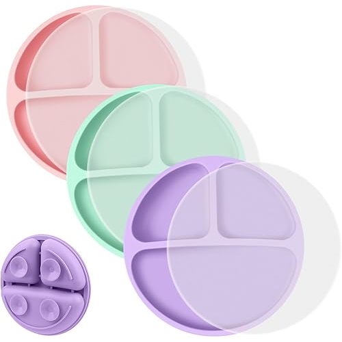 Vicloon Toddler Plates, 3 Pcs Silicone Baby Plates, BPA Free Suction Plates with Lids for Babies and Toddlers, Suction Plate Feature, Divided Plate Design,Toddler Plate Microwave&Dishwasher Safe
