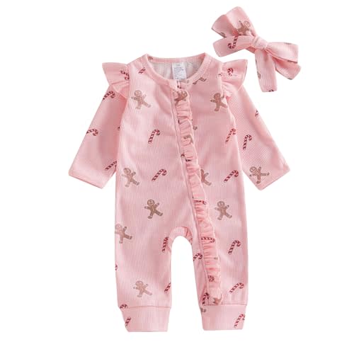 Newborn Baby Girl Christmas Outfit Waffle Knit Santa Candy Jumpsuit Romper Ruffle Bodysuit Long Overalls with Bow