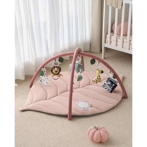 Blissful Diary Baby Play Gym & Activity Mat, Oversize Leaf Shaped Tummy Time Baby Play Mat w 6 Detachable Toys Promotes Motor Skills & Sensory Development, Newborn Infant Essentials Gift, Crystal Pink