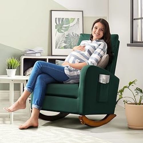 AVAWING Green Rocking Chair for Relaxing | Upholstered | Solid Legs | Side Pockets, High Back | Nursery, Living Room, Bedroom