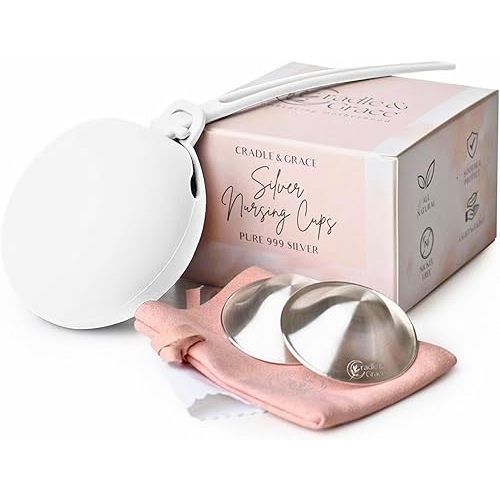 Cradle & Grace Pure 999 Silver Nursing Cups with White Carrying Case, Silver Nipple Shields for Breastfeeding Newborn, Silver Nipple Covers Breastfeeding Kit, X-Large