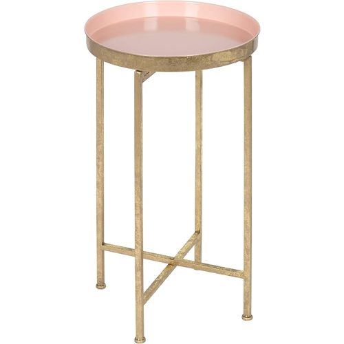 Kate and Laurel Celia Round Metal Foldable Tray Accent Table, Pink with Gold Base