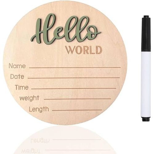 Baby Announcement Sign, ​5.9 Inch Wooden Hello World Newborn Signs, Birth Announcement Sign, Baby Shower Hospital Nursery for Newborn Boys and Girls (Forest Green,Pen)