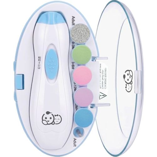 Royal Angels Upgraded 6 in 1 Baby Nail Trimmer with Labeled Case, 4 Colored Pads for Newborns to Toddlers, Whisper Quiet Electric Nail File with LED Light, Safe Manicure Set for Families (Babyblue)