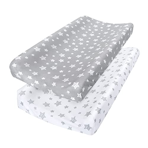 Changing Pad Cover for Boys Girls 2 Pack, Lovely Print Soft Unisex Diaper Change Table Sheets, Fit 32''x16" Contoured Pad, Comfy Cozy 2-Pack Cradle Sheets, Grey & White