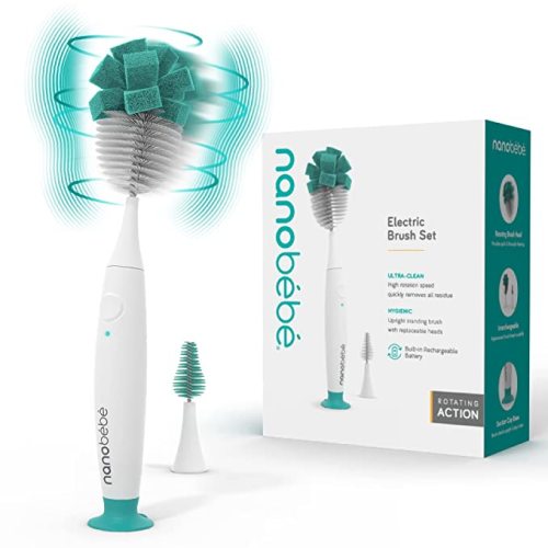 Nanobebe E-Brush Baby Bottle Cleaner - Electric Bottle Cleaning Brush, Baby Accessories, and Sippy Cups - Rechargeable, Includes Replaceable Brush Head - Teal - Electric Brush