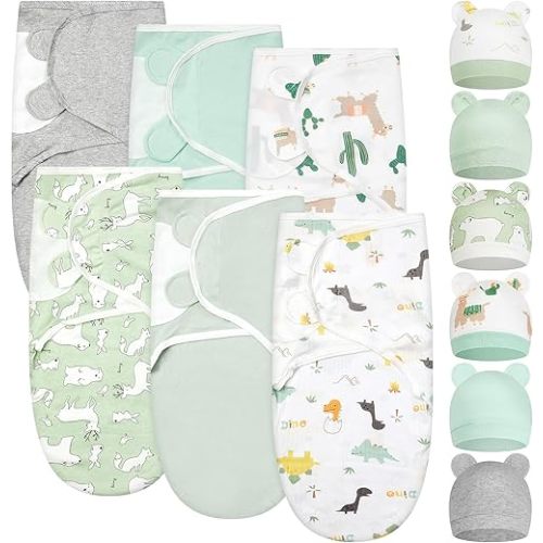 Ramede 6 Pack Baby Swaddle Blanket with Hats Sleep Swaddle for 0-3 Months Newborn Sacks Soft Cotton Wearable for Boy Girl(Green,Alpaca)