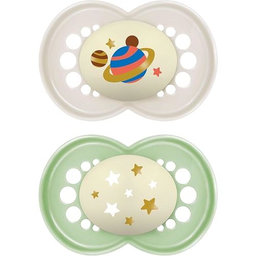 MAM Night Pacifiers (2 Count), MAM Pacifiers 6+ Months, Best Pacifier for Breastfed Babies, Glow in The Dark Pacifier, Baby Unisex Pacifier, 6-16- 2 Count (Pack of 1)