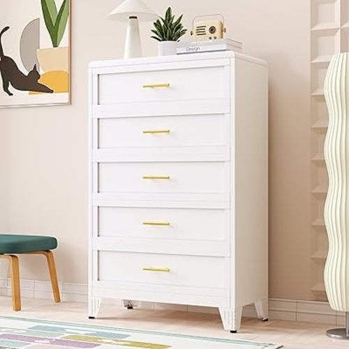 5 Drawers Dresser for Bedroom, Metal Dresser & Chest of Drawers, Tall Storage Cabinet Drawers Organizer with Large Storage Space, Steel Chest of Drawers for Living Room, Hallway(White)