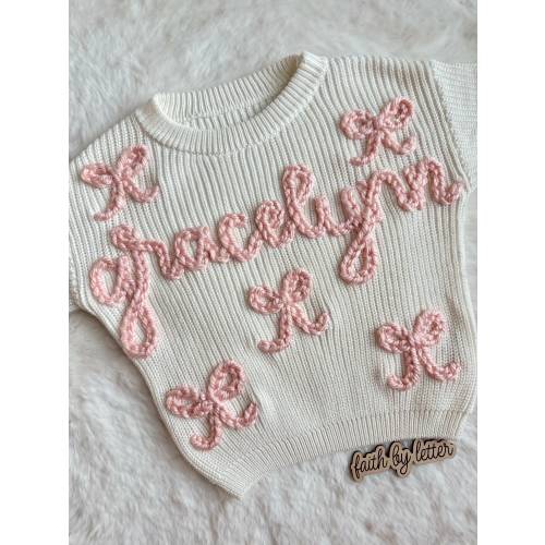 Hand embroidered bow sweater best newborn keepsake name baby gift for baby shower sweatshirt milestone baby toddler bow girly ballet