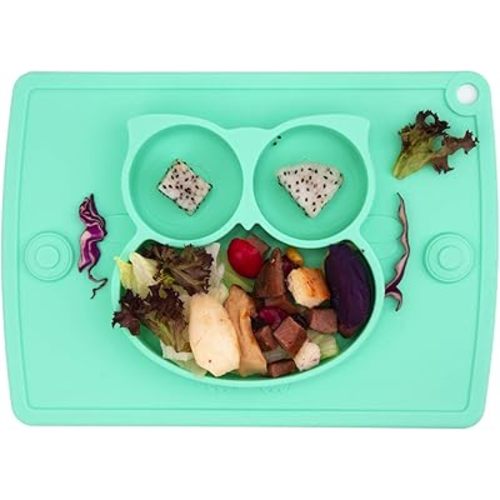 Linowos Silicone Divided Toddler Plates - Portable Non Slip Suction Plates Placemat for Children Babies and Kids BPA Free Baby Dinner Plate Bowl (Owl-Cyan)