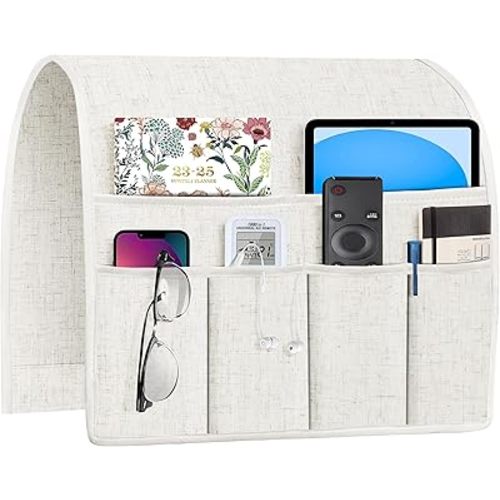 Joywell Remote Holder for Recliner Armchair Caddy Couch Armrest Remote Control Holder Non Slip Sofa Arm Chair Caddie with 6 Pocket for Magazine, Tablet, Phone, iPad, Think Linen, Natural