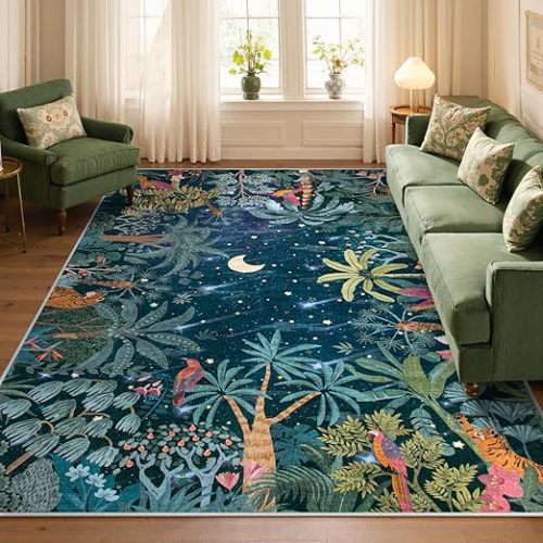 Lahome Midnight Jungle Green Rug, Washable Rugs 5x7 for Bedroom Aesthetic, Soft Large Office Area Rug Botanical Stain Resistant Non Slip Dining Room Carpet for Under Table Living Room