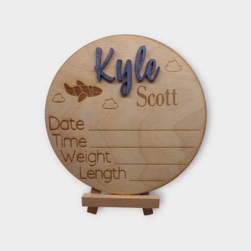Personalized baby announcement board with birth stats / Clouds and airplanes engraved sign / Oh Boy / Baby Name Reveal