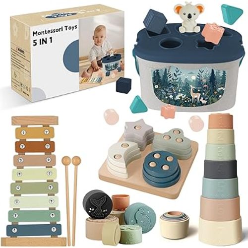 Montessori Toys for 6-12 Months, Baby Toys 6-12-18 Months with Baby Blocks Cup Toy, Pull String Toy, Shape Sorting Baby Development Toys for 6+ Month Girls Boys Birthday Chiristmas Gifts