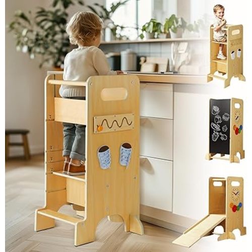 Toddler Tower 4 in 1 Toddler Kitchen Stool Helper Adjustable Standing Tower for Kitchen Counter with Safety Board, Slide, Chalkboard, Montessori Activities
