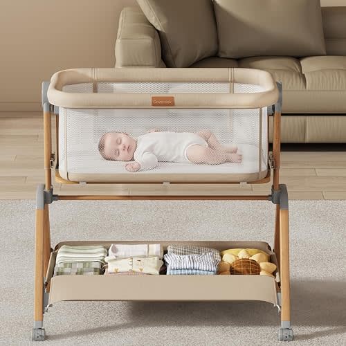 3 in 1 Baby Bassinet Bedside Sleeper, Gentle Rocking Bassinet with Wheels, 5 Adjustable Heights, Full Breathable Mesh, Soft Mattress & Storage Basket, Stable and Secure Crib for Newborns