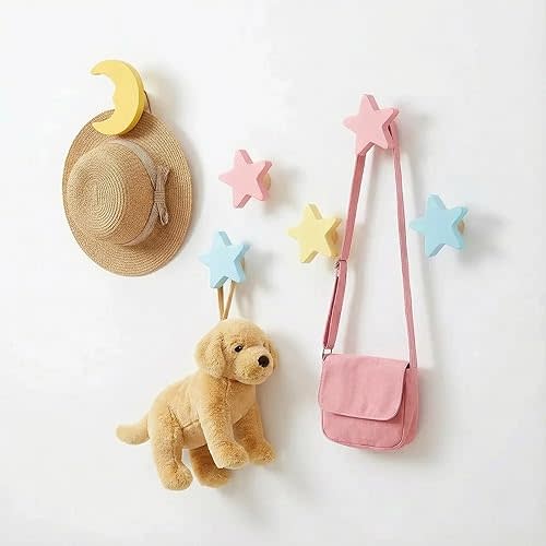6 Pcs Kids Coat Hooks Cute Wall Mount Rack Decorative Colorful Wall Rack Wooden Star and Moon Hanger, for Girls Boys Nursery Toddler Room Decor Backpack Hanger Clothes Hat Towel Supplies