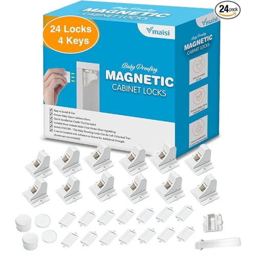 Vmaisi Adhesive Magnetic Locks for Cabinets & Drawers (24 Pack and 4 Keys + Cradle)