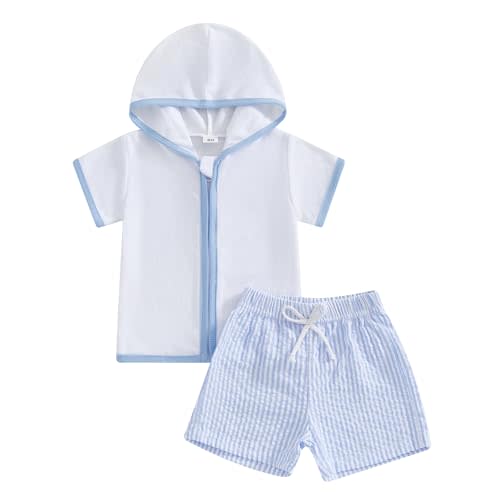 Toddler Baby Boy Girl Swim Cover Up Towel Terry Zipper Hooded Tops Seersucker Gingham Shorts Set Bathing Suit Coverup