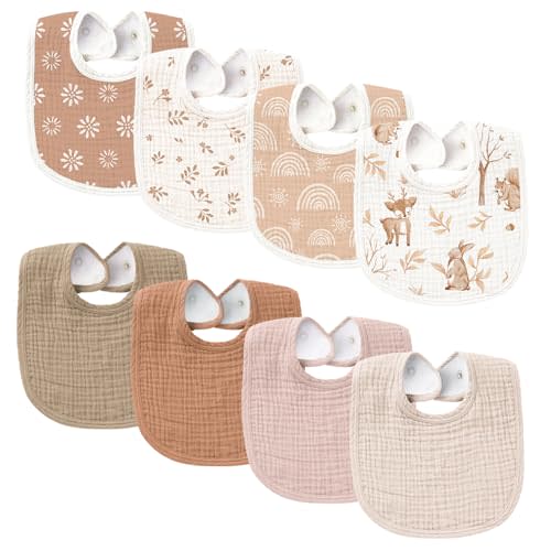 Konssy Muslin Baby Bibs 8 Pack Baby Bandana Drool Bibs Cotton for Unisex Boys and Girls, Soft Absorbent Set for Teething and Drooling