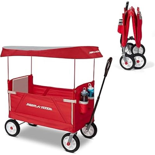 Radio Flyer 3-in-1 EZ Fold Wagon; Red Folding Wagon with Canopy & All Terrain Wheels; Collapsible Wagon for Kids, Cargo, & Garden