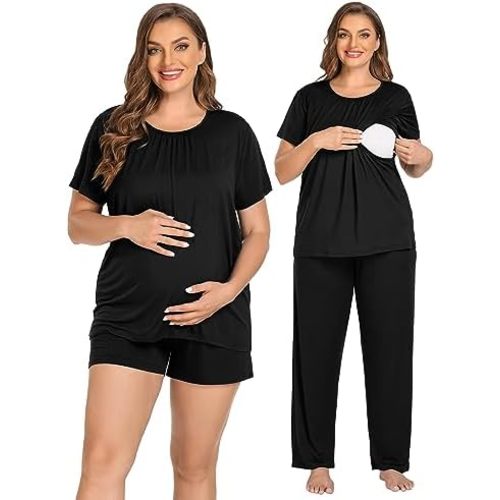 SWOMOG Women 3Pcs Maternity Pajama Set Nursing Pjs Pregnancy Set Breastfeeding Pjs Double Layer with Pockets