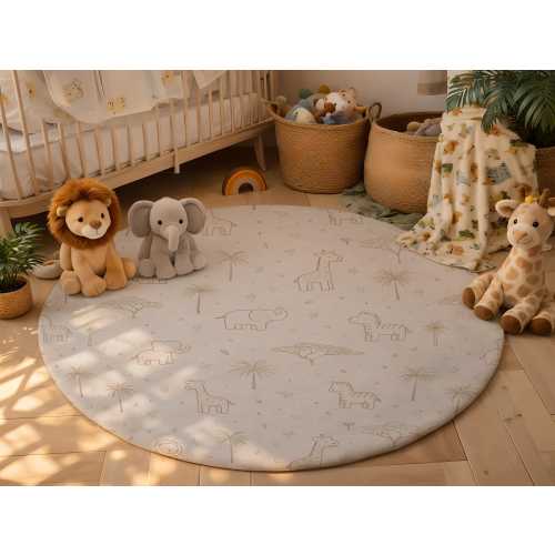 Modern Safari Nursery Rug Round 60" | Neutral Beige Safari Animals Play Mat, Boho Baby Room Decor, Tummy Time Rug