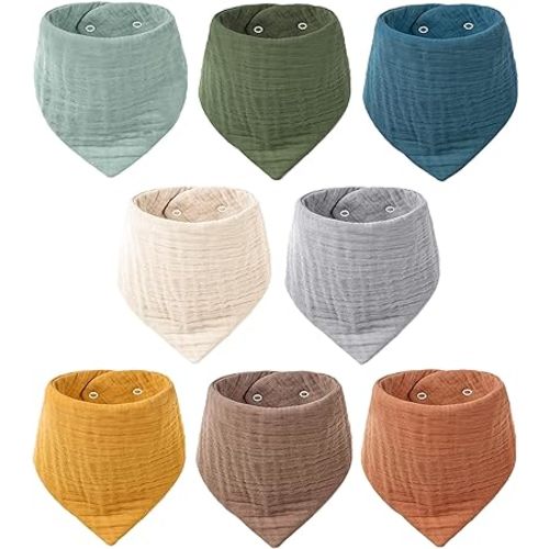 Konssy Muslin Baby Bibs 8 Pack Bandana Drool 100% Cotton for Unisex Baby, Solid Colors Set Teething and Drooling