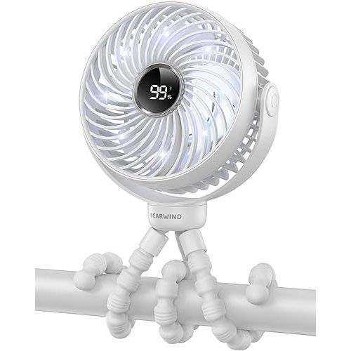 Portable Stroller Fan for Travel,360° Rotation,4-Speed LED Night Light Clip on Fans Operated by Rechargeable Battery, Cordless Fan with Tripod Car Seat Baby Pram(White)