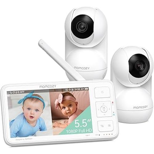 Momcozy Baby Monitor with 2 Cameras 5.5" 1080P Full HD Split Screen Video Baby Monitor with Camera and Audio, No WiFi 5000mAh Battery, ECO, VOX, Clear Night Vision 1640ft Range (SD Card not Included)