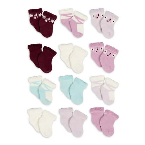 Gerber Baby Girl Terry Wiggle-Proof Socks, 12-Pack (0-3 Months - 6/9 Months)