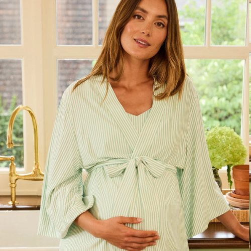 LAKE | Women | DreamModal Pajamas | Parisian Green Pencil Stripe Maternity Kimono Bundle