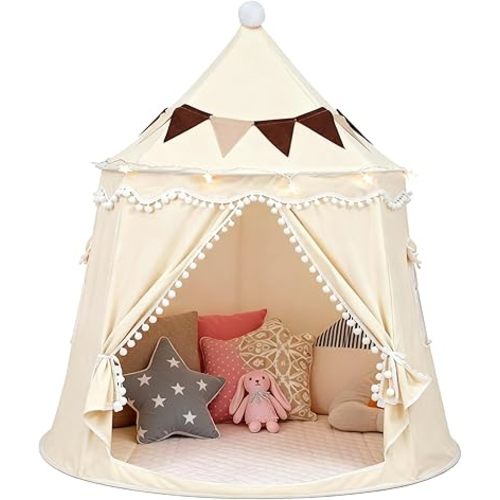 Play Tent with Padded Mat, Star Lights and Flags, Large Playhouse Kids Castle Tents, Indoor Outdoor Game Tent, Portable Children Yurt Tents, Gift for Boys & Girls, 47''x45'', Cream