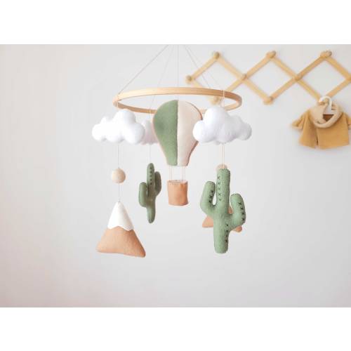 Cactus and air balloon mobile, cloud crib mobile, crib felt mobile cactus, air balloons decor, air balloon baby mobile, nursery boho decor