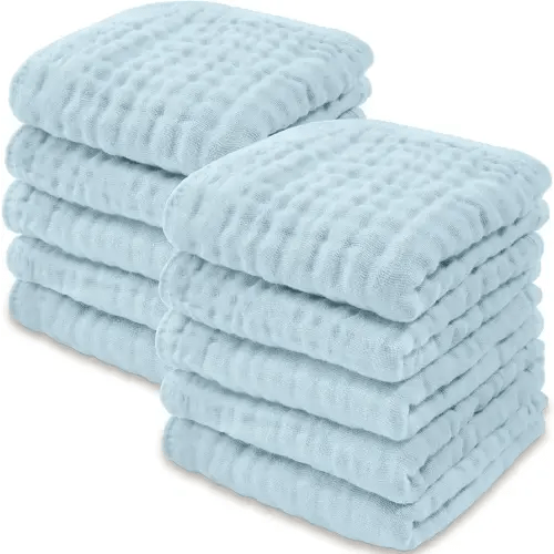 Baby Washcloths, Muslin Cotton Baby Towels, Large 10”x10” Wash Cloths Soft on Sensitive Skin, Absorbent for Boys & Girls, Newborn Baby & Toddlers Essentials Shower Registry Gift (Sky Blue, Pack Of 10)
