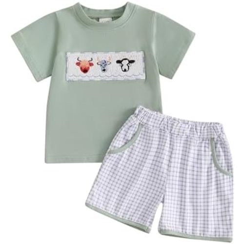 Western Toddler Baby Boy Summer Clothes Cow Head Embroidery Short Sleeve T-shirt Plaid Shorts Infant Smocked Outfit