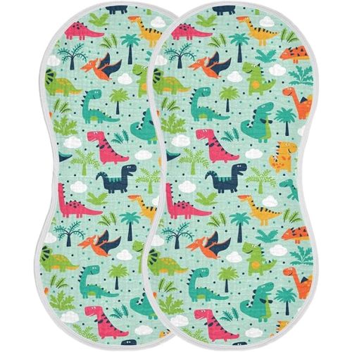 Muslin Burp Cloths for Baby Boys and Girls - 2-Pack Ultra Absorbent Cartoon Dinosaur Muslin Washcloths, Newborn Towel, Milk Spit Up Rags, Burp Cloth Bibs for Unisex, 22 x 11 Inch